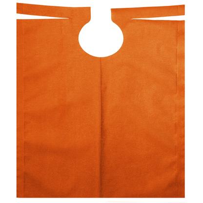 An orange AMPri patient gown with PE coating, designed with a round cut-out handle at the top and straight edges along the opening, exudes durability and lightweight properties against a plain white background.