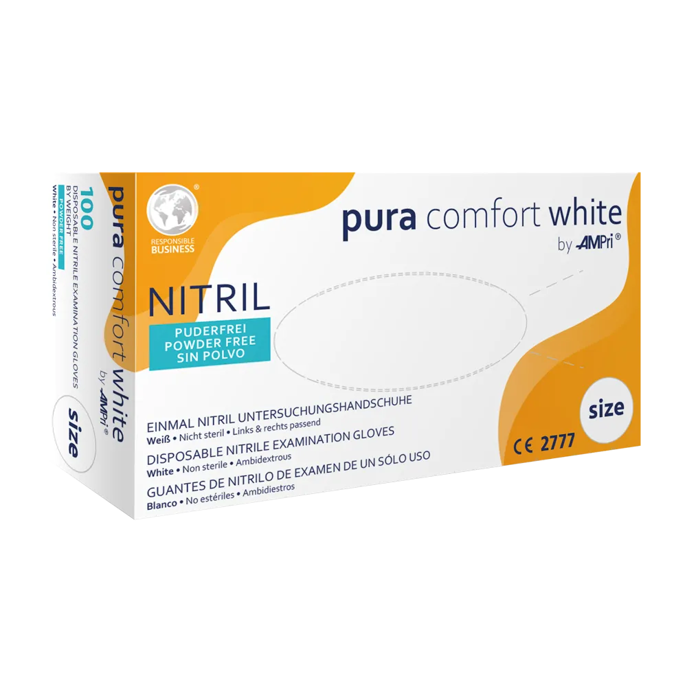 Box of AMPri Puracomfort WHITE nitrile gloves, powder-free, suitable for both hands, size M. The packaging is predominantly white and orange, with multilingual text and offers chemical protection. Contains 100 gloves.