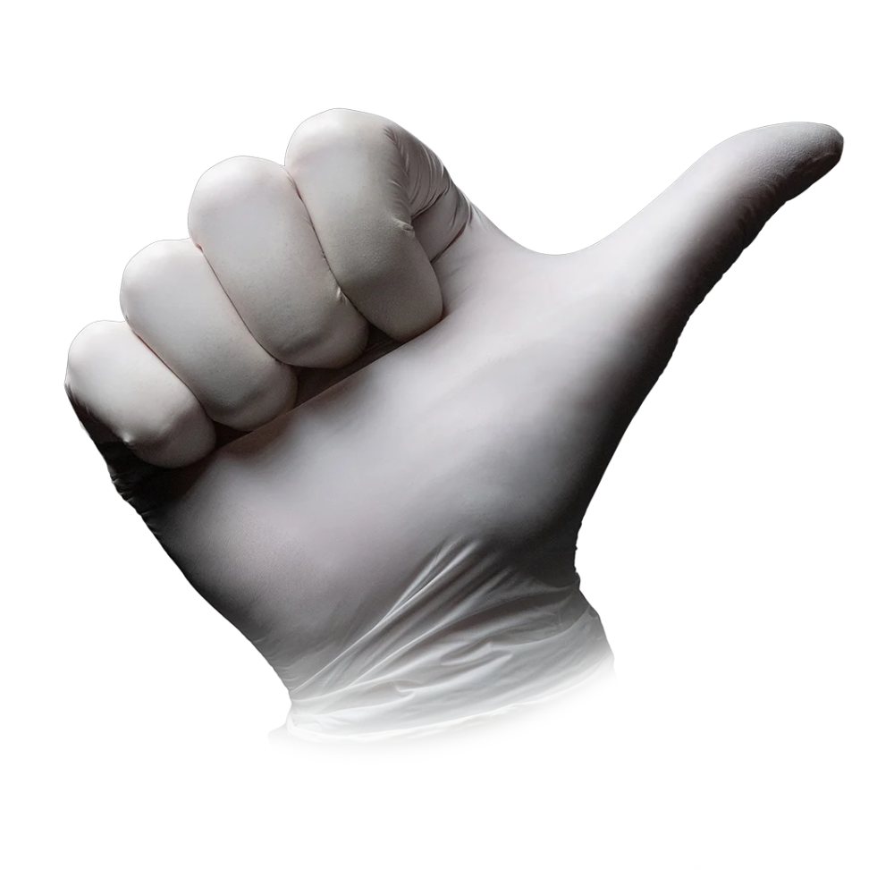 A hand wearing an AMPri Puracomfort WHITE nitrile glove, known for its ambidextrous fit, shows a thumbs up against a plain white background.
