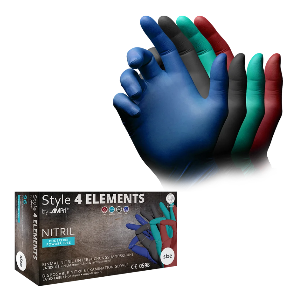 A box labeled "AMPri STYLE 4 ELEMENTS powder-free nitrile gloves, color mix" from AMPri Handelsgesellschaft mbH contains blue, black, green, and red nitrile disposable gloves. Above the box, there are images of a hand wearing a glove in each color. The text on the box highlights that the gloves are powder-free and resistant to various chemicals.