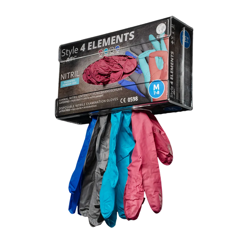 An opened box of AMPri STYLE 4 ELEMENTS powder-free nitrile gloves, color mix from AMPri Handelsgesellschaft mbH shows gloves in four different colors – blue, gray, pink, and purple. The box is marked with "M" for medium size and indicates that the gloves are CE-certified and powder-free.