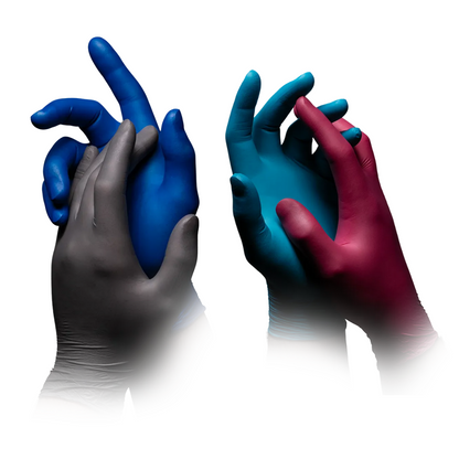 Four gloved hands in different colors (black, blue, teal, and magenta) are intertwined against a white background, creating an artistic and dynamic composition with the vibrant AMPri STYLE 4 ELEMENTS powder-free nitrile gloves from AMPri Handelsgesellschaft mbH.