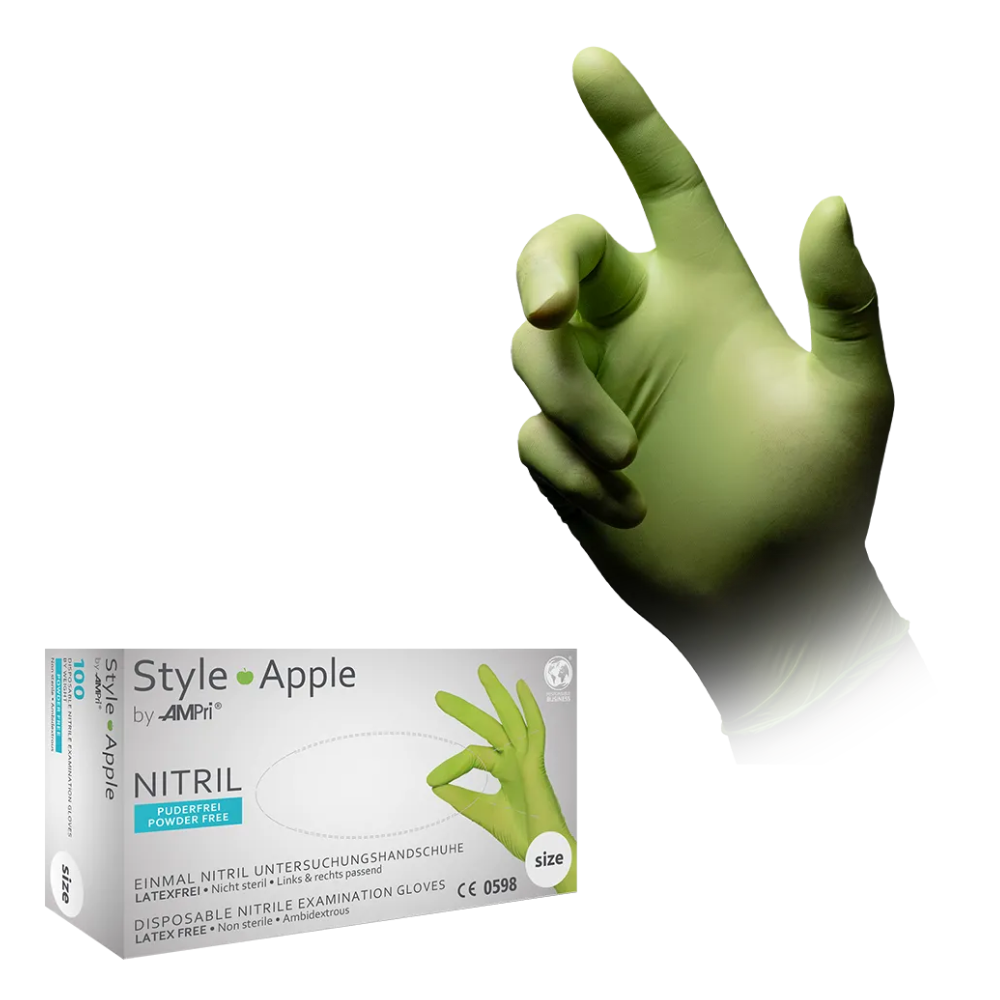The image shows a hand with a green glove, forming an 'L' with its fingers against a white background. Below the hand is a box with the inscription 'Style Apple by AMPri Handelsgesellschaft mbH', containing MED-COMFORT's disposable examination gloves in apple green nitrile, which are both latex-free and powder-free. A green glove is depicted on the box.