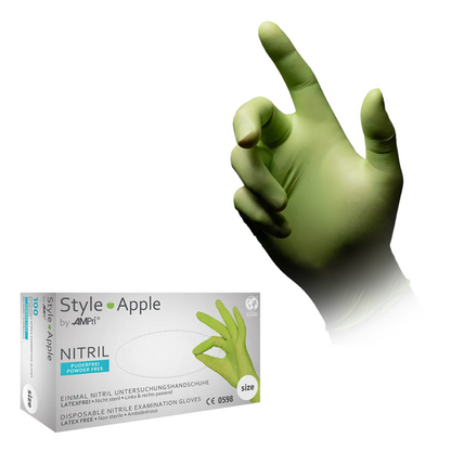 The image shows a hand with a green glove, forming an 'L' with its fingers against a white background. Below the hand is a box with the inscription 'Style Apple by AMPri Handelsgesellschaft mbH', containing MED-COMFORT's disposable examination gloves in apple green nitrile, which are both latex-free and powder-free. A green glove is depicted on the box.