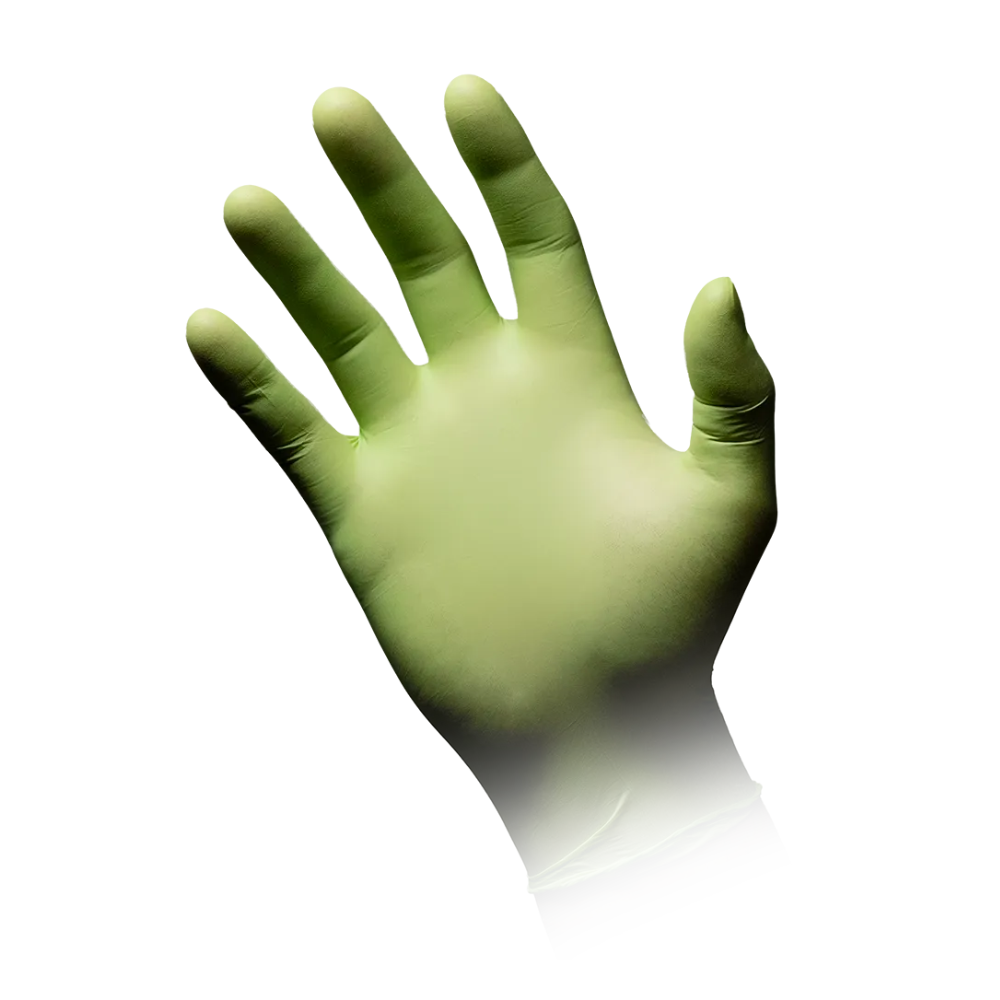 A single AMPri STYLE APPLE powder-free nitrile glove from MED-COMFORT, apple green, is shown with the palm facing up on a white surface. The wrist area blends into the white, making it unclear whether the glove is being worn or just presented in this form.