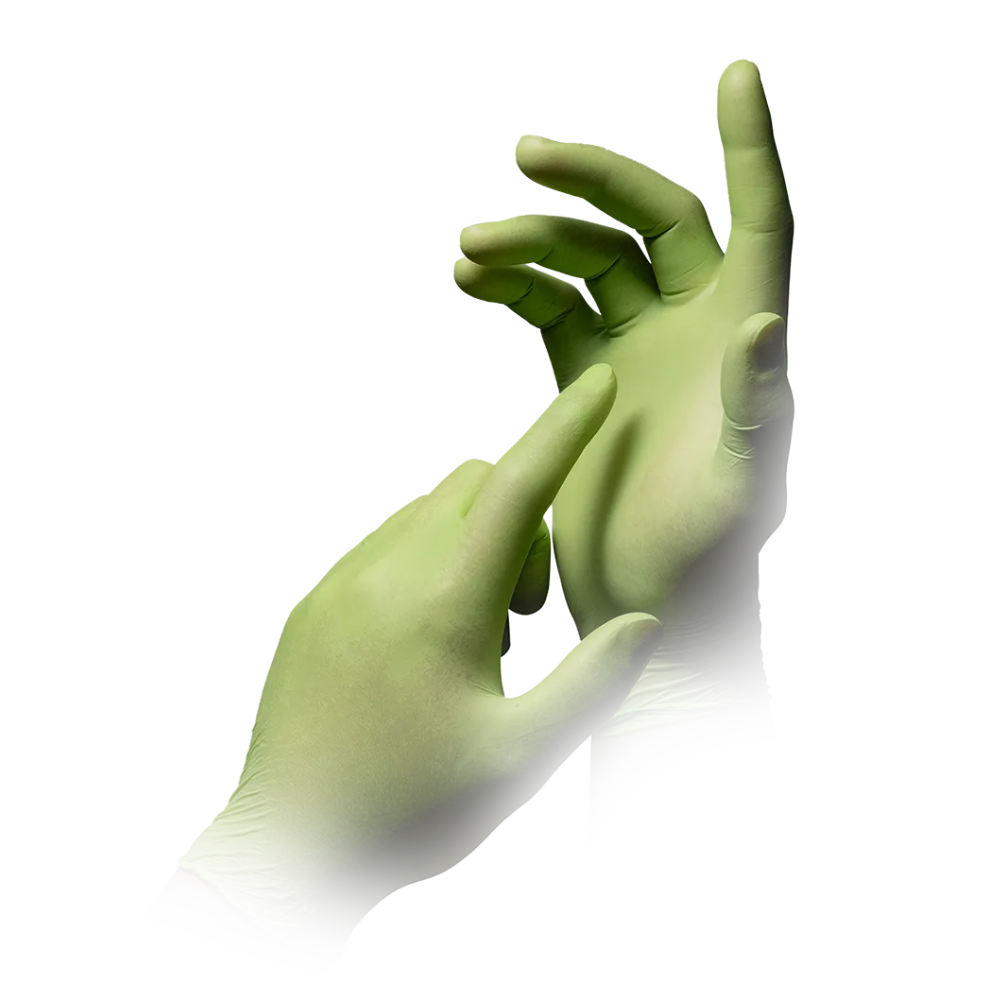 Pictured are two hands wearing AMPri STYLE APPLE powder-free nitrile gloves from MED-COMFORT in apple green, with one hand putting the glove on the other hand. The background is white.