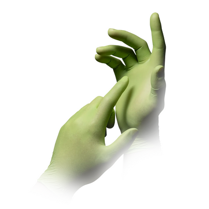 Pictured are two hands wearing AMPri STYLE APPLE powder-free nitrile gloves from MED-COMFORT in apple green, with one hand putting the glove on the other hand. The background is white.