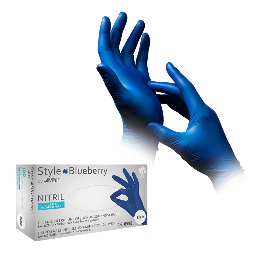 A pair of hands wearing blue nitrile gloves. In the lower left corner, there is a box with the inscription "AMPri STYLE BLUEBERRY powder-free nitrile gloves from MED-COMFORT, Dark Blue," containing disposable nitrile examination gloves. The box is white with blue and green accents and is manufactured by AMPri Handelsgesellschaft mbH.