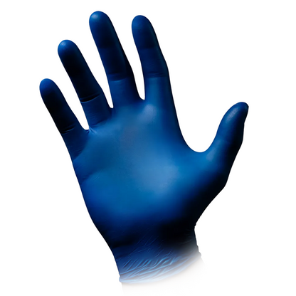 A raised hand wearing an AMPri STYLE BLUEBERRY powder-free nitrile glove from MED-COMFORT, Dark Blue, against a white background. The glove, manufactured by AMPri Handelsgesellschaft mbH, appears smooth and fits snugly on the hand, with fingers slightly spread.