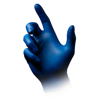 A right hand with dark blue AMPri STYLE BLUEBERRY powder-free nitrile gloves from MED-COMFORT by AMPri Handelsgesellschaft mbH is held against a white background. Thumb, index, and middle fingers are slightly bent, while ring and little fingers are more relaxed. The wrist area of the glove shows a slight color gradient fading into white.