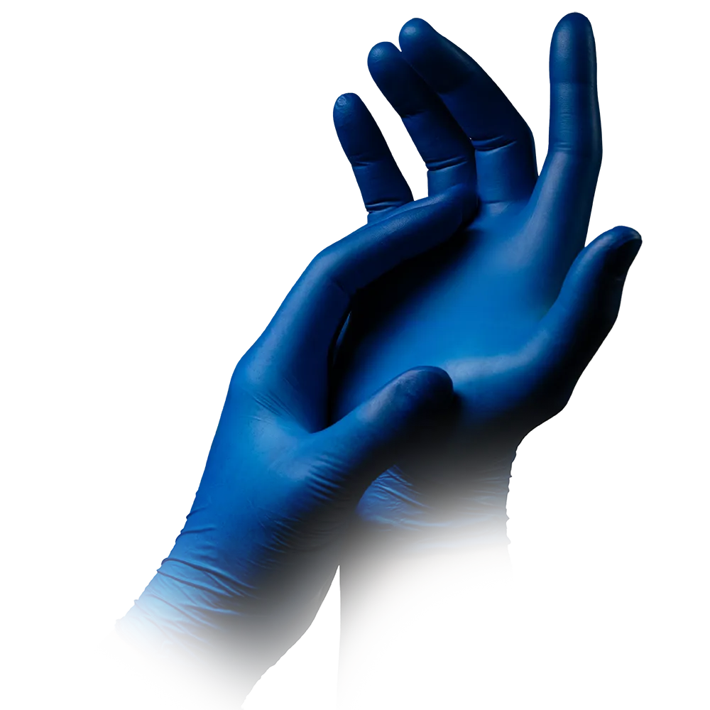 A pair of hands wearing AMPri STYLE BLUEBERRY powder-free nitrile gloves from MED-COMFORT by AMPri Handelsgesellschaft mbH, with one hand gently clasping the other. The image shows a white background and the dark blue gloves appear clean and intact. The fingers are slightly spread and bent.