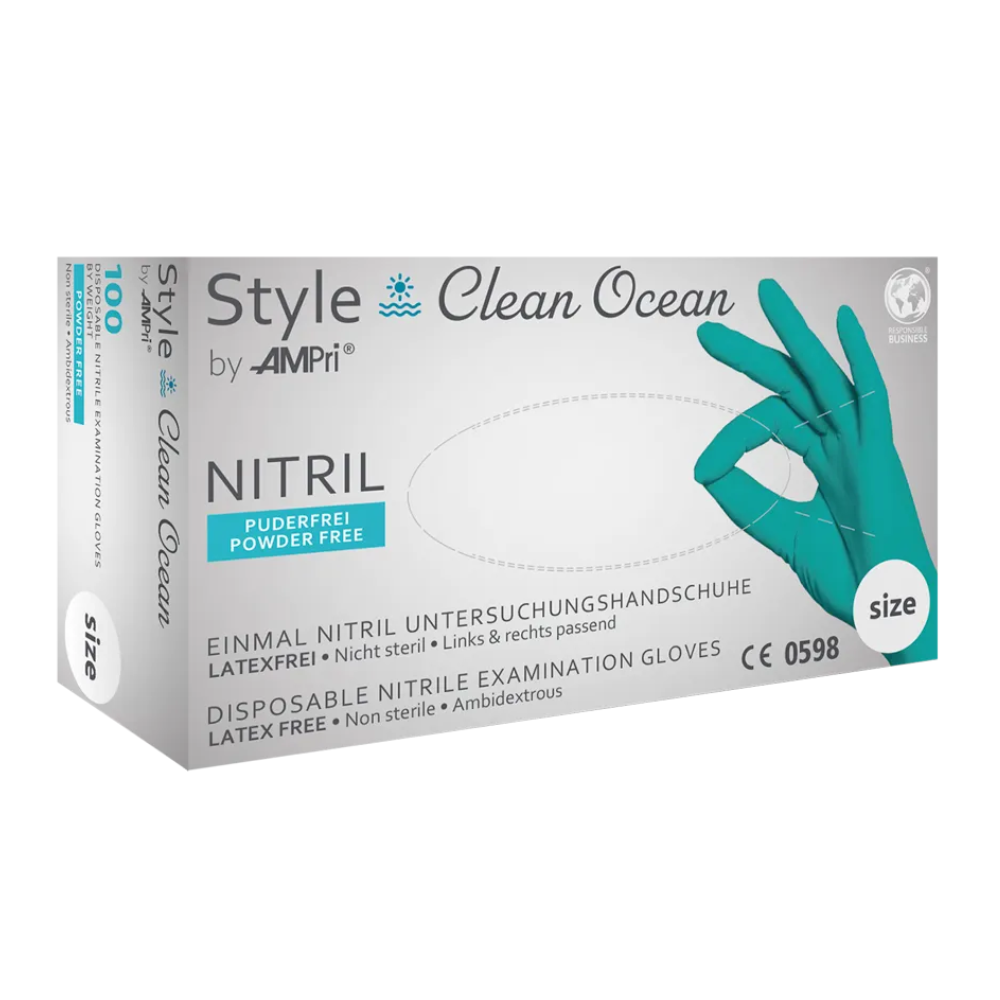 Eine Schachtel AMPri STYLE CLEAN OCEAN Nitrilhandschuhe puderfrei von MED-COMFORT, türkisch, Einweg-Untersuchungshandschuhe aus Nitril. Auf der Schachtel steht, dass die Handschuhe latexfrei, puderfrei, unsteril und beidhändig tragbar sind. Auf der Verpackung ist hauptsächlich die Handschuhfarbe in türkisch und Informationen in deutsch und englisch angegeben.