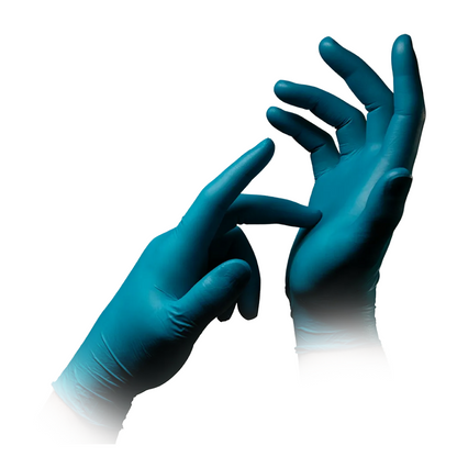 Against a white background, two hands with turquoise AMPri STYLE CLEAN OCEAN powder-free nitrile gloves from MED-COMFORT, from AMPri Handelsgesellschaft mbH, can be seen. The left hand points with a finger at the right hand, which is slightly open, creating a cautious, relaxed gesture. The focus is on the gloves and the positioning of the hands.