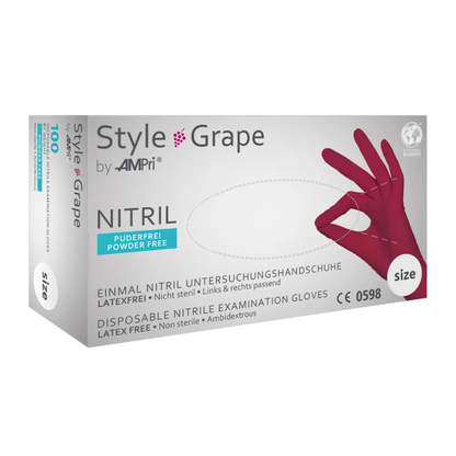 Image of a box of AMPri STYLE GRAPE powder-free nitrile gloves by MED-COMFORT, Bordeaux, from AMPri Handelsgesellschaft mbH. The box is white with violet details and shows the image of a hand wearing a Bordeaux glove. These disposable gloves are latex-free, non-sterile, and have an ambidextrous design.