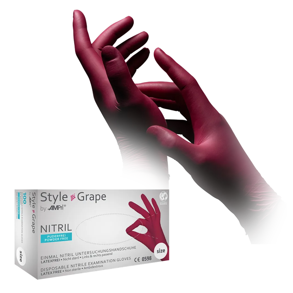 In the foreground is a box of AMPri STYLE GRAPE powder-free nitrile gloves by MED-COMFORT, Bordeaux from AMPri Handelsgesellschaft mbH. Behind the box, hands wearing Bordeaux gloves are depicted in various positions. These gloves are advertised as powder-free, latex-free, and ambidextrous.