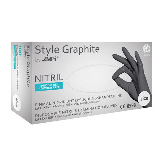 Eine Schachtel AMPri STYLE GRAPHITE Nitrilhandschuhe puderfrei von MED-COMFORT, Anthrazit Einweg-Untersuchungshandschuhe aus Nitril von AMPri Handelsgesellschaft mbH. Diese latexfreien, unsterilen und beidhändig tragbaren Handschuhe sind auf der anthrazitfarbenen Schachtel mit Text in Deutsch und Englisch versehen, zusammen mit einem Bild einer Hand, die einen Nitrilhandschuh trägt.