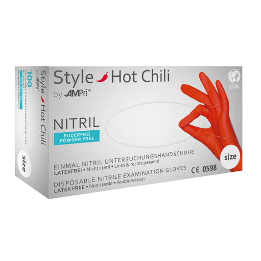 Das Bild zeigt eine weiße Schachtel mit „AMPri STYLE HOT CHILI Nitrilhandschuhe puderfrei von MED-COMFORT“ Nitril-Einmaluntersuchungshandschuhen der AMPri Handelsgesellschaft mbH. Diese Einmalhandschuhe sind latexfrei, puderfrei (Nitrilhandschuhe puderfrei) und unsteril und für den einmaligen Gebrauch bestimmt. Auf der Schachtel ist eine rot behandschuhte Hand abgebildet, die eine „OK“-Geste macht.
