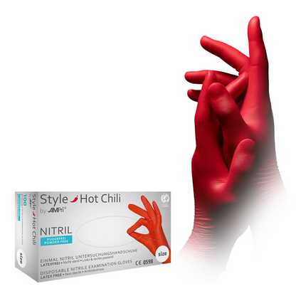 A pair of hands with bright red AMPri STYLE HOT CHILI nitrile gloves powder-free by MED-COMFORT is seen over a box labeled "AMPri STYLE HOT CHILI". The box states that these are disposable examination gloves made of nitrile in size "S". One hand rests over the open box.