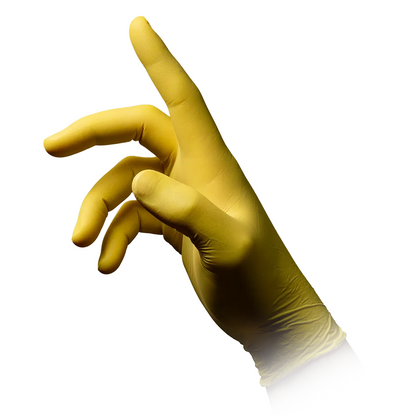 On a white background, a yellow-gloved hand is depicted with fingers forming a slightly curved gesture. The AMPri STYLE LEMON Nitrile Gloves Powder-Free by MED-COMFORT appear to be made of latex or a similar material and are powder-free.