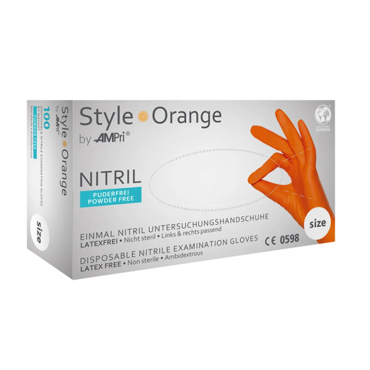 In einem weißen Karton mit der Aufschrift „AMPri STYLE ORANGE Nitrilhandschuhe puderfrei von MED-COMFORT, Orange“ der AMPri Handelsgesellschaft mbH befinden sich Einmal-Untersuchungshandschuhe aus Nitril. Auf dem Karton ist angegeben, dass die Handschuhe latexfrei und puderfrei sind (Nitrilhandschuhe puderfrei). Eine Abbildung zeigt einen orangefarbenen Handschuh im Tragezustand, verschiedene Angaben und Zertifizierungen weisen auf diese Latex-Alternative hin.