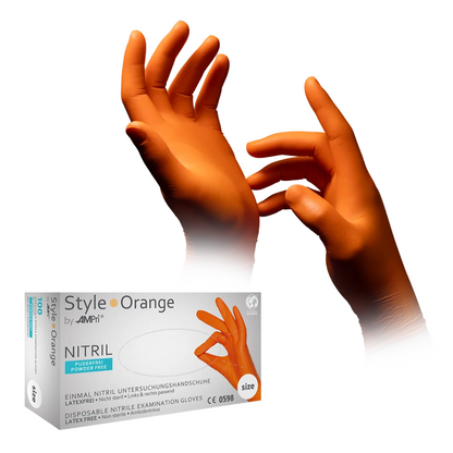 The image shows a box of AMPri STYLE ORANGE Nitrile Gloves Powder-Free from MED-COMFORT, Orange, by AMPri Handelsgesellschaft mbH. Next to the box is a pair of hands wearing the bright orange gloves. These nitrile gloves are an excellent latex alternative as they are latex-free and powder-free and available in various sizes.