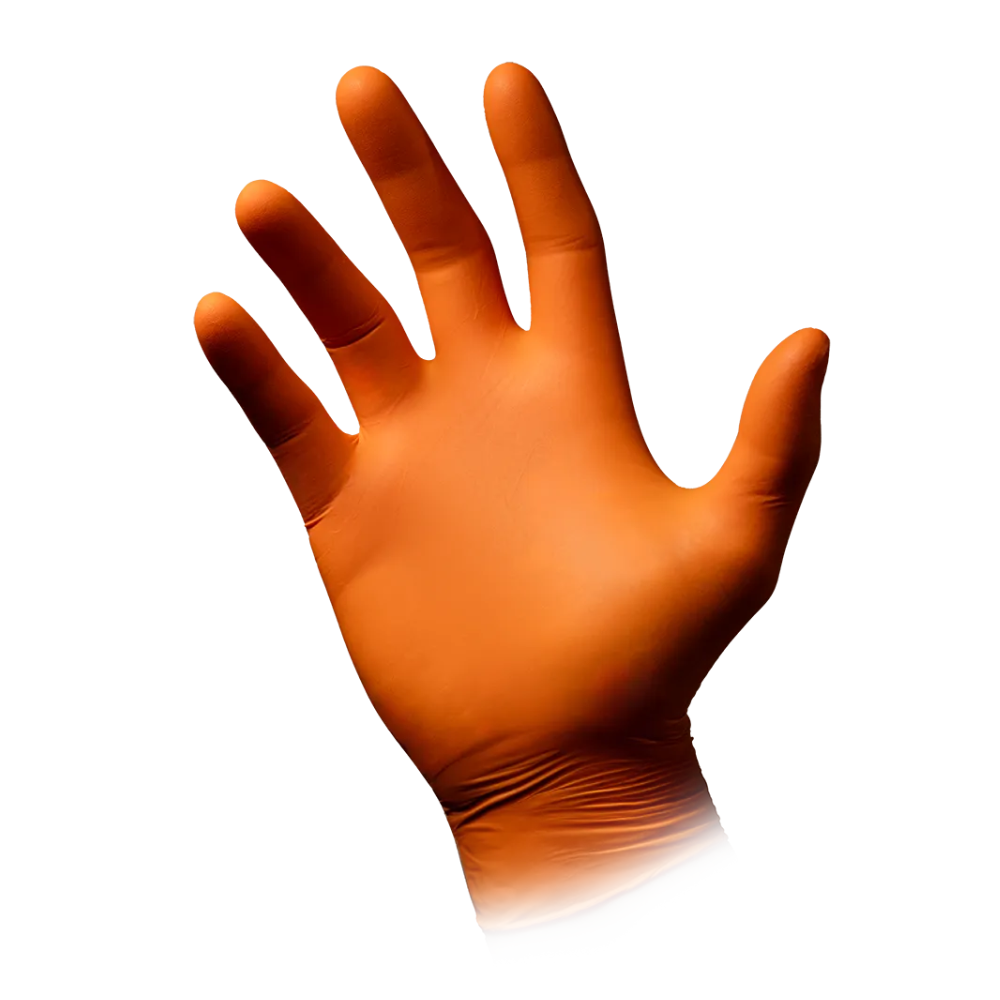 A single raised right hand is wearing an AMPri STYLE ORANGE Nitrile Glove Powder-Free from MED-COMFORT by AMPri Handelsgesellschaft mbH. The orange glove extends slightly beyond the wrist, the fingers are spread, and the thumb is separated from the other fingers against a plain white background.