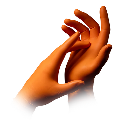 Two hands are wearing AMPri STYLE ORANGE Nitrile Gloves Powder-Free from MED-COMFORT, orange gloves. The left hand is pulling at the cuff of the glove on the right hand, creating a stretched appearance. The background is plain white.