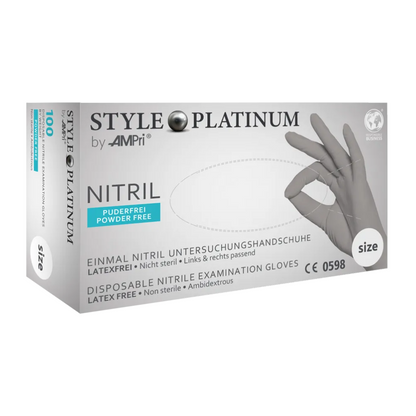 A box of AMPri STYLE PLATINUM powder-free nitrile gloves by MED-COMFORT, silver-gray, labeled as latex-free, non-sterile, ambidextrous, and in size S. The box shows a hand with a gray glove and text in German and English.