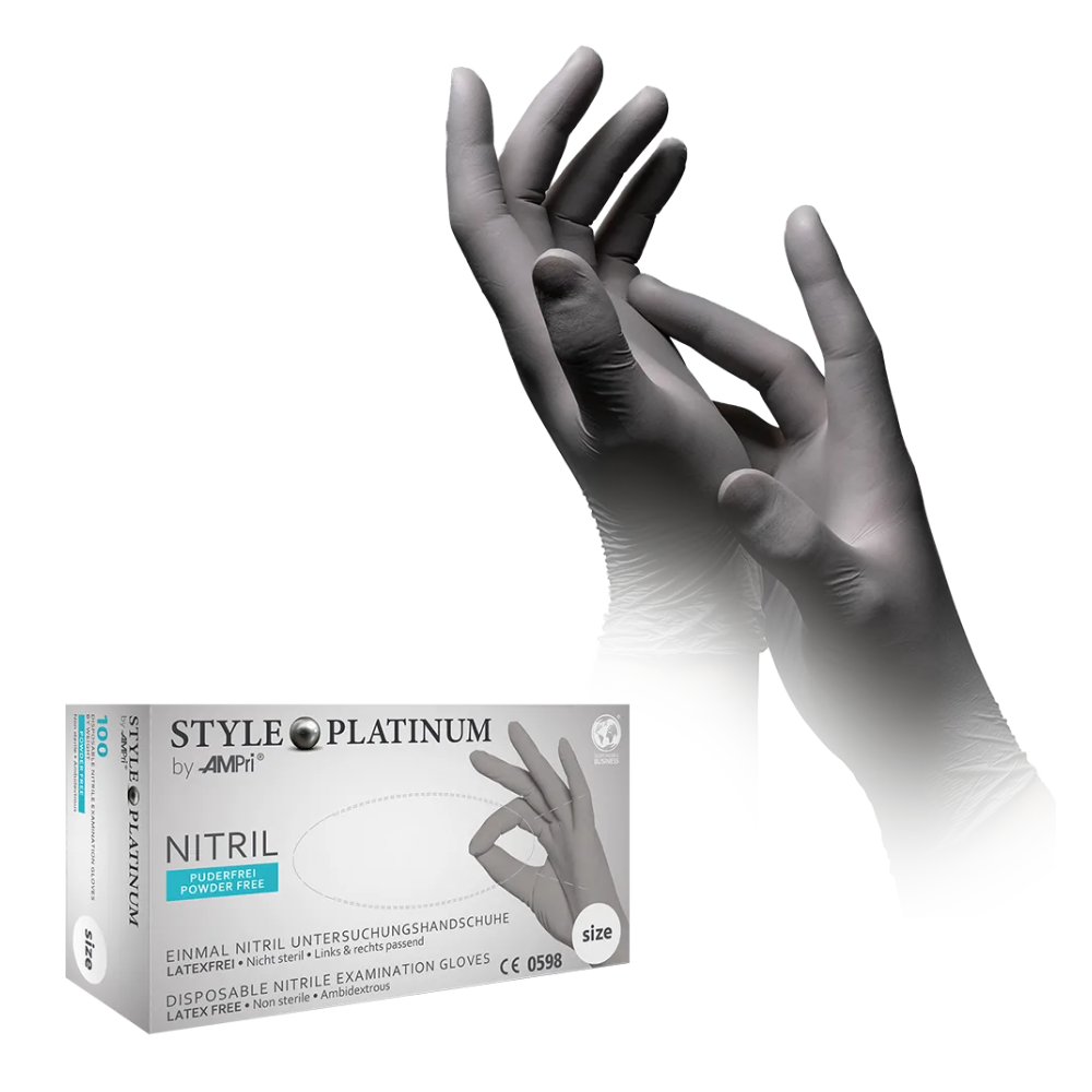 A pair of hands adorned with silver-gray nitrile gloves, positioned as if adjusting the fit. Below the hands is a box labeled "AMPri STYLE PLATINUM powder-free nitrile gloves by MED-COMFORT," containing disposable nitrile gloves in size S (small). The gloves are latex-free and powder-free.