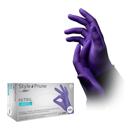A box of AMPri STYLE PRUNE powder-free nitrile gloves by MED-COMFORT, dark purple from AMPri Handelsgesellschaft mbH is pictured next to a pair of hands wearing the same powder-free nitrile gloves. The box highlights that the gloves are powder-free, latex-free, and suitable for examination purposes.