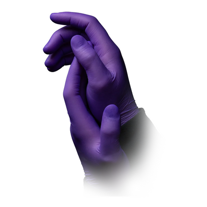 Two hands wearing AMPri STYLE PRUNE powder-free nitrile gloves by MED-COMFORT, dark purple gloves interlocked against a white background. The gloves, by AMPri Handelsgesellschaft mbH, suggest a medical or protective use context. The cuffs of a dark garment are visible at the wrists.