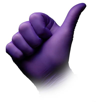 A right hand wearing an AMPri STYLE PRUNE powder-free nitrile glove by MED-COMFORT, dark purple is shown with the thumb up against a white background.