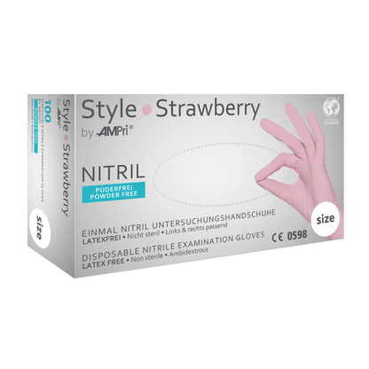 Box AMPri STYLE STRAWBERRY nitrile gloves powder-free by MED-COMFORT, pink, single-use examination gloves made of nitrile, latex-free, size S. The box shows a gloved hand and indicates suitability for left and right hands. The text is multilingual.