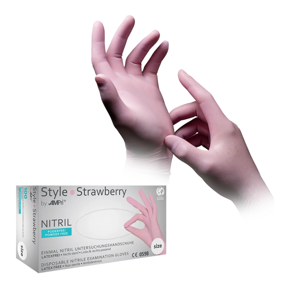 The image shows a person wearing pink nitrile examination gloves. Under their hands is a box labeled "AMPri STYLE STRAWBERRY" by AMPri Handelsgesellschaft mbH, marked as powder-free, latex-free, and intended for single use. These AMPri STYLE STRAWBERRY nitrile gloves powder-free by MED-COMFORT in pink are ideal for maintaining hygiene.