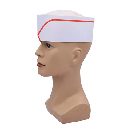 A mannequin head displays the AMPri boat cap with fleece crown, adjustable in size, available in various colors from AMPri Handelsgesellschaft mbH. This white paper cap with a red stripe is often used as a disposable product in the food industry. The side view against a plain background highlights its practical design.