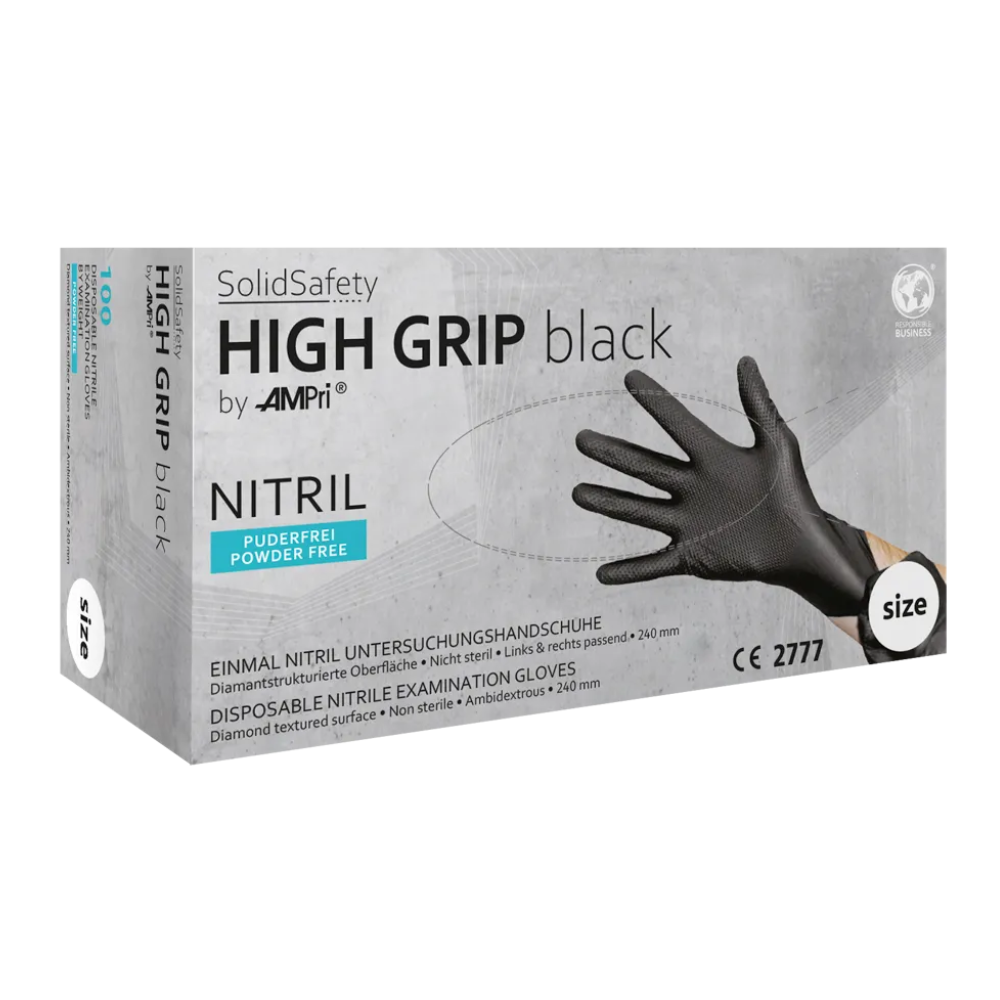 A box of AMPri SolidSafety High Grip Black Nitrile Chemical Protection Gloves, perfect as professional gloves for various applications. The box contains a single black glove and highlights that it is powder-free, non-sterile, and has a diamond-textured surface for better grip.