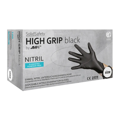 A box of AMPri SolidSafety High Grip Black Nitrile Chemical Protection Gloves, perfect as professional gloves for various applications. The box contains a single black glove and highlights that it is powder-free, non-sterile, and has a diamond-textured surface for better grip.