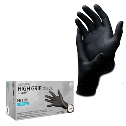 The AMPri SolidSafety High Grip Black Nitrile Chemical Protection Gloves, presented in the branded packaging of AMPri Handelsgesellschaft mbH, are powder-free and available in sizes S to XXL. These professional gloves offer a textured surface that enhances grip, making them perfect for demanding tasks.