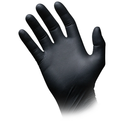 The black AMPri SolidSafety High Grip Nitrile Chemical Protection Glove from AMPri Handelsgesellschaft mbH features a textured grip surface on the palm and fingers. This professional glove on a white background ensures safety and precision.