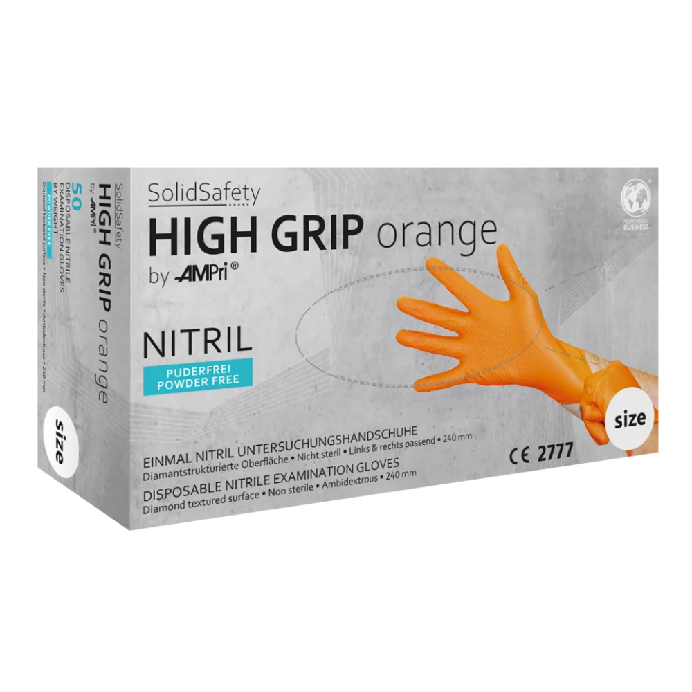 Box with orange AMPri SolidSafety High Grip nitrile chemical protection gloves. These non-sterile gloves have a powder-free, diamond-textured surface and are suitable for both hands. Labeled in multiple languages with size information, CE 2777, and food-safe symbols for use in the food industry.