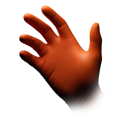 A close-up of a right hand with an orange AMPri SolidSafety High Grip nitrile chemical protection glove against a white background. These non-sterile gloves from AMPri Handelsgesellschaft mbH feature a dotted palm design for excellent grip.