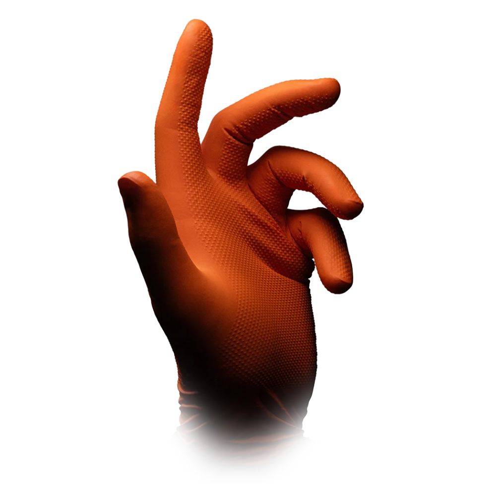 A hand in an orange nitrile glove, similar to the AMPri SolidSafety High Grip Orange nitrile chemical protection gloves from AMPri Handelsgesellschaft mbH, is seen against a white background. The fingers are slightly bent as if gesturing or holding something, and the textured surface of the glove indicates its suitability for use in the food industry.