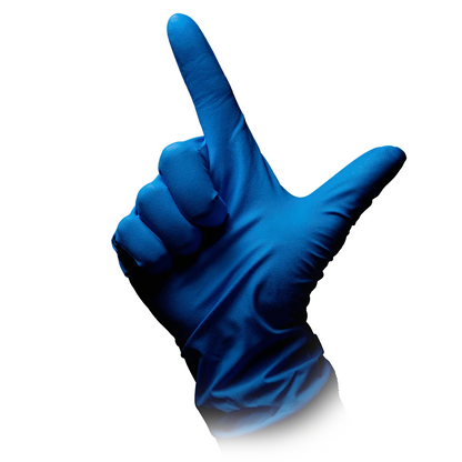 A hand with an AMPri SolidSafety High Risk Pro Nitrile Chemical Protective Glove Type A is seen against a white background. The thumb and index finger form an 'L' while the other fingers are bent inward, emphasizing the durability of these gloves from AMPri Handelsgesellschaft mbH.