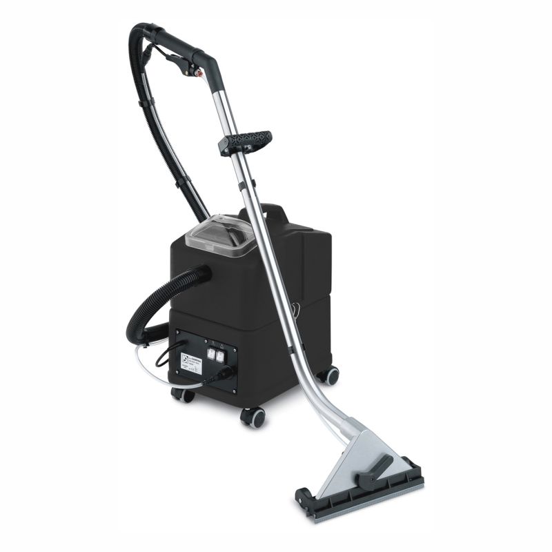 Die Arcora Aniko 30 Sprühextraktionsmaschine von Arcora International GmbH ist ein schwarz-silbernes Gerät für die Teppichreinigung mit langem Griff, breiter Bodendüse mit Schlauch, Rädern für Mobilität und einem praktischen seitlichen Bedienfeld.