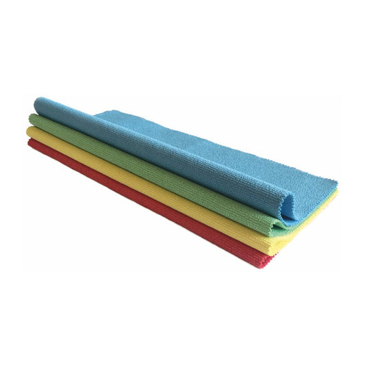 Vier Arcora STRONG-LINE-PU MICROFASERTUCH (40 x 30 cm) von Arcora International GmbH in den Farben blau, grün, rot und gelb sind gefaltet und vor weißem Hintergrund gestapelt.