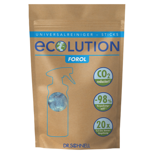 Ein brauner wiederverschließbarer Beutel mit der Aufschrift "ECOLUTION FOROL STICKS" der DR.SCHNELL GmbH & Co. KGaA ist mit umweltfreundlichen Angaben wie "CO2 reduziert" und "-98% Verpackungsmüll" versehen und enthält 15 Beutel (je 20 Sticks, 3g) für die Haushaltsreinigung.