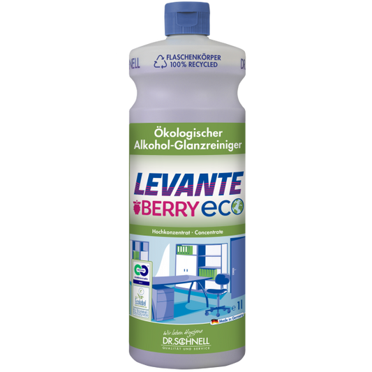 Ein 1-Liter Dr. Schnell Levante Berry ECO von DR.SCHNELL GmbH & Co. KGaA ist mit einem grünen Verschluss, einem Etikett aus recyceltem Kunststoff, Beerenduft und Abbildungen aus Büro und Küche auf der Vorderseite versehen.