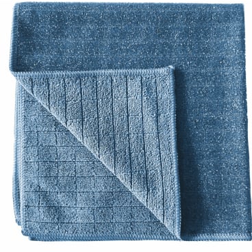 The Arcora Scrub & Clean 2N1 microfiber cloth (40 x 40 cm) from Arcora International GmbH is shown with a folded corner, revealing the ribbed underside; the smooth top and textured back are ideal for all surfaces.