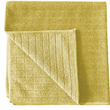 Ein gefaltetes gelbes Arcora Scrub & Clean 2N1 Microfasertuch (40x40 cm) von Arcora International GmbH, mit strukturierter Oberfläche und umgeschlagener Ecke, perfekt als Reinigungstuch für alle Oberflächen.