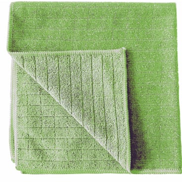 Ein gefaltetes grünes Arcora Scrub & Clean 2N1 Microfasertuch (40 x 40 cm) von Arcora International GmbH zeigt sein strukturiertes Gittermuster und die umgeschlagene Ecke, ideal als Reinigungstuch für alle Oberflächen.